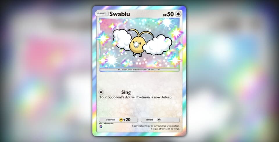 shiny swablu pokemon card Beautiful Pokemon Birds Before I understood Shiny Pokemon, I thought there were Blue and Yellow Swablu Birds. Swablu was my first Shiny Pokemon to catch in Pokemon Go. Eventually I figured